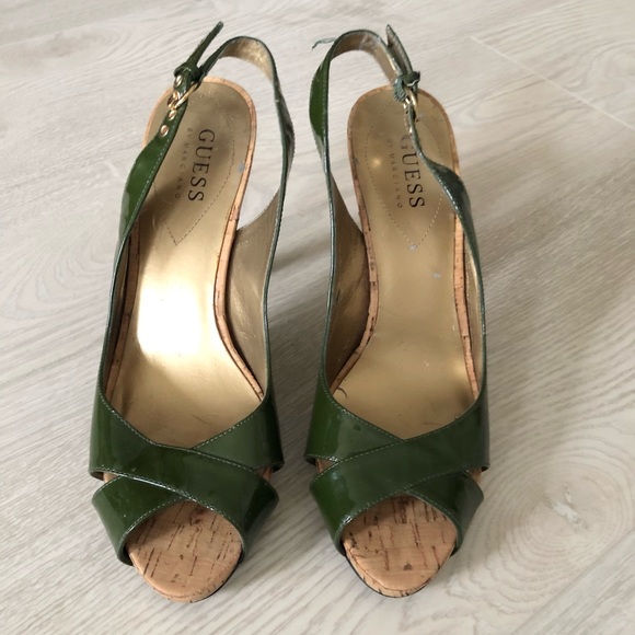 Guess by Marciano Green Leather High Heel Slingback Cork Heels - Picture 8 of 16